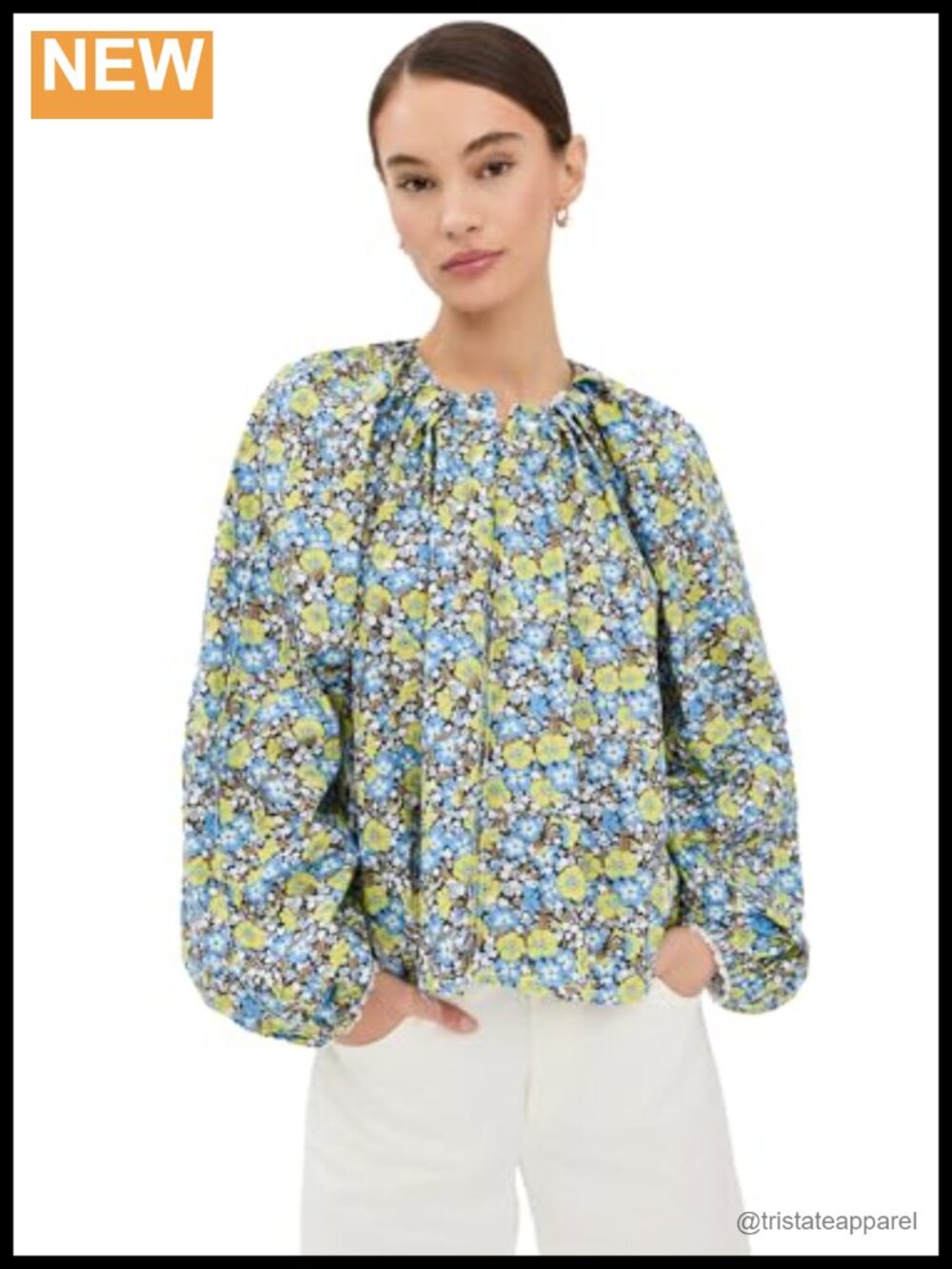 Loose Fit Floral Wrap Blouse with Split Neck and Long Sleeves, 100% Cotton